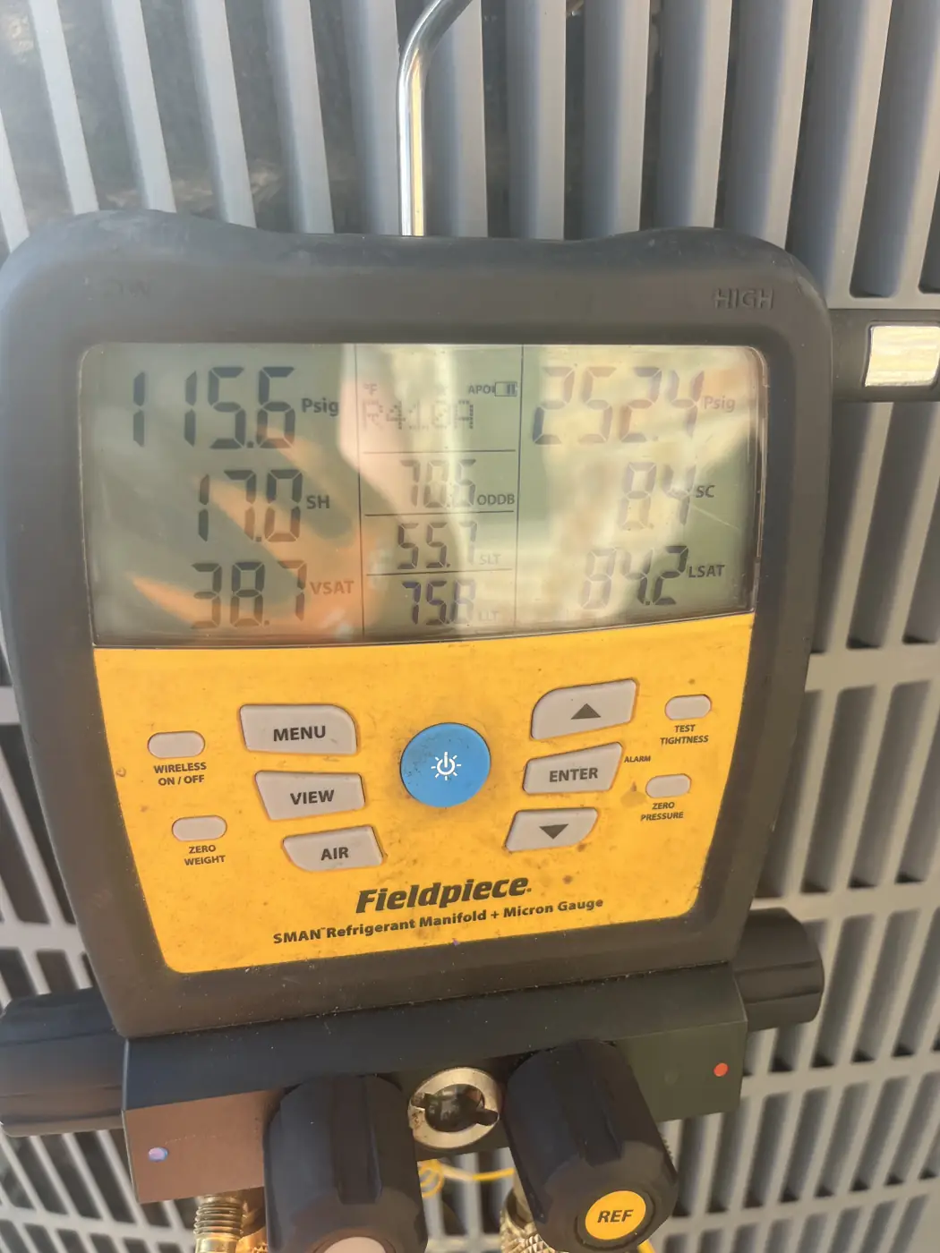Digital refrigerant gauge showing system pressures, Kenner